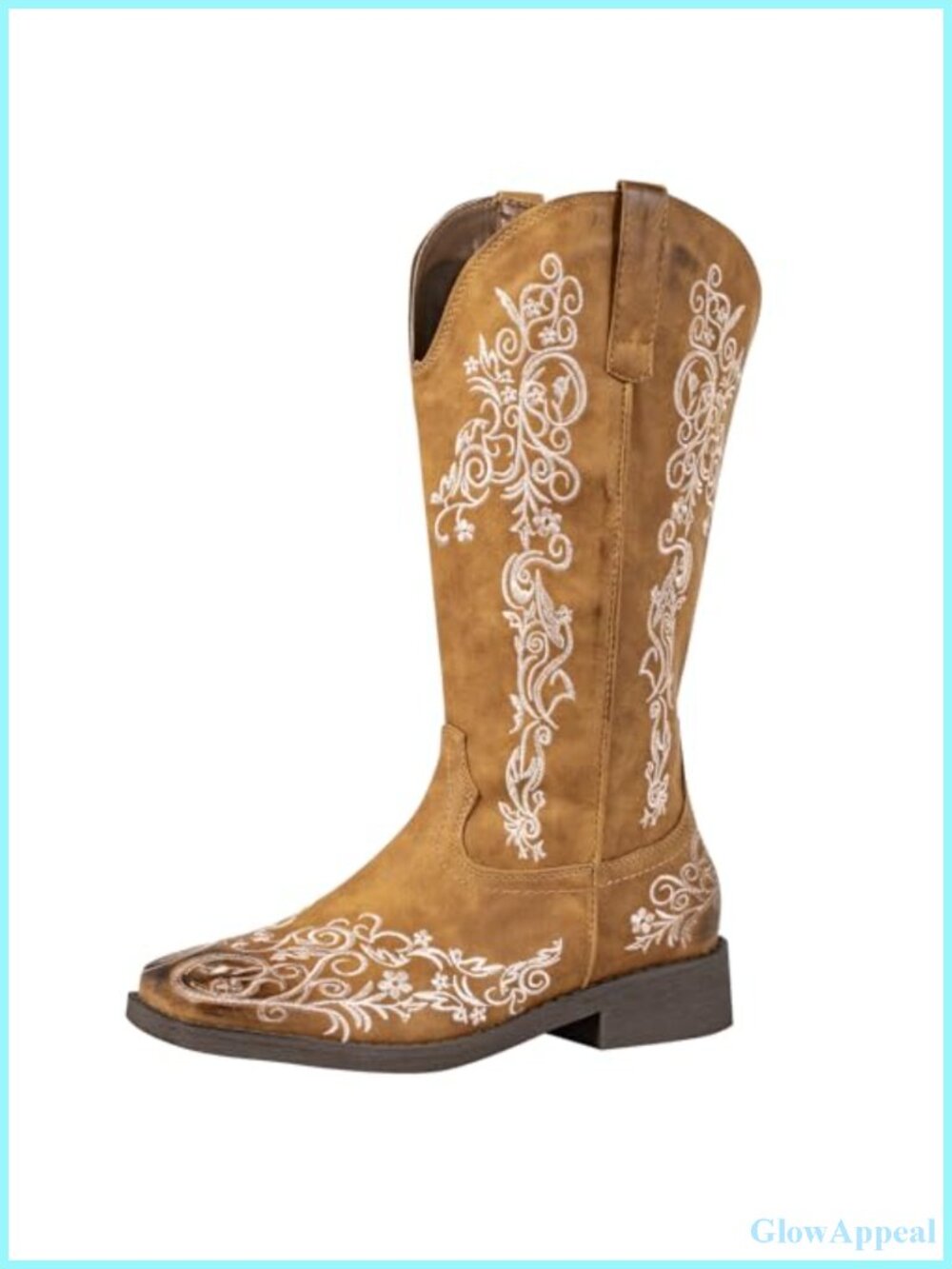 Womens Square Toe Floral Embroidered Cowboy Boots Wide Calf Western Mid-Calf
